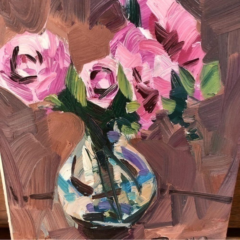 Jose Trujillo Oil on Canvas Impasto Painting with Certificate 9x12 Pink Roses